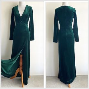Lulus XS Dress Green Velvet Long Sleeve V Neck Long Slit Holiday Party Wedding